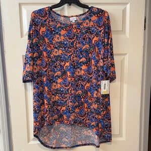 LuLaRoe Irma Tunic 3X Vibrant Blue and Orange Paisley High-Low Top Soft Stretch